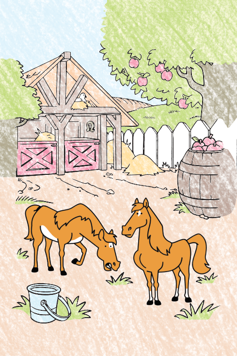 Annie MacDonald's Farm card: two orange horses (number 2)